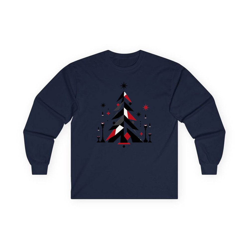 Minimalist Scandi Christmas Tree personalised long sleeve Christmas T-shirt in navy
