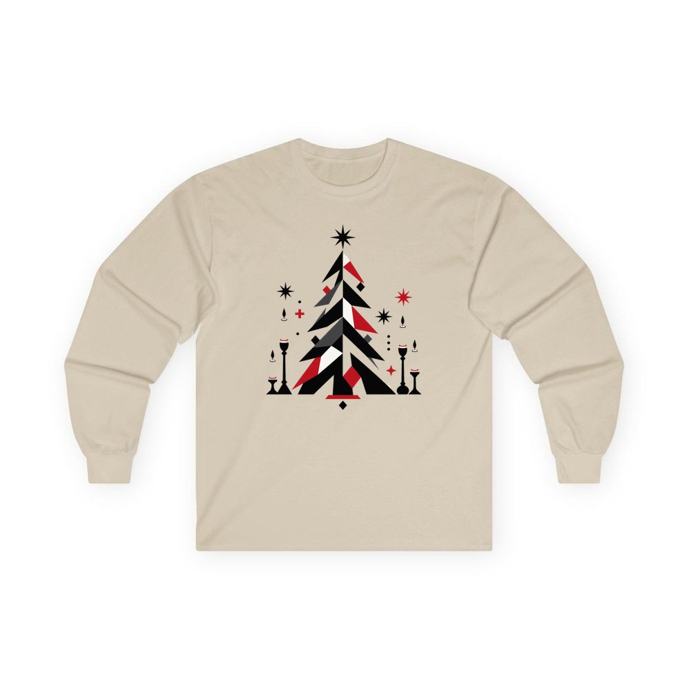 Minimalist Scandi Christmas Tree personalised long sleeve Christmas T-shirt in sand