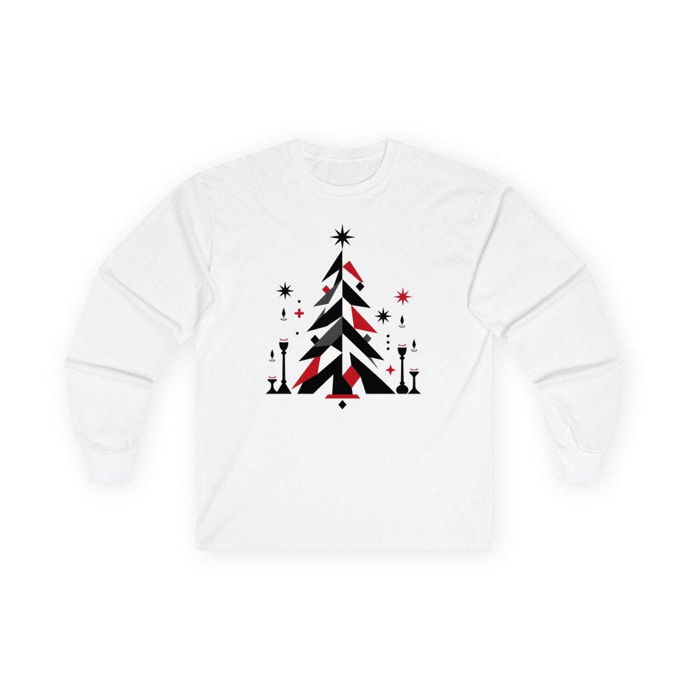 Minimalist Scandi Christmas Tree personalised long sleeve Christmas T-shirt in white
