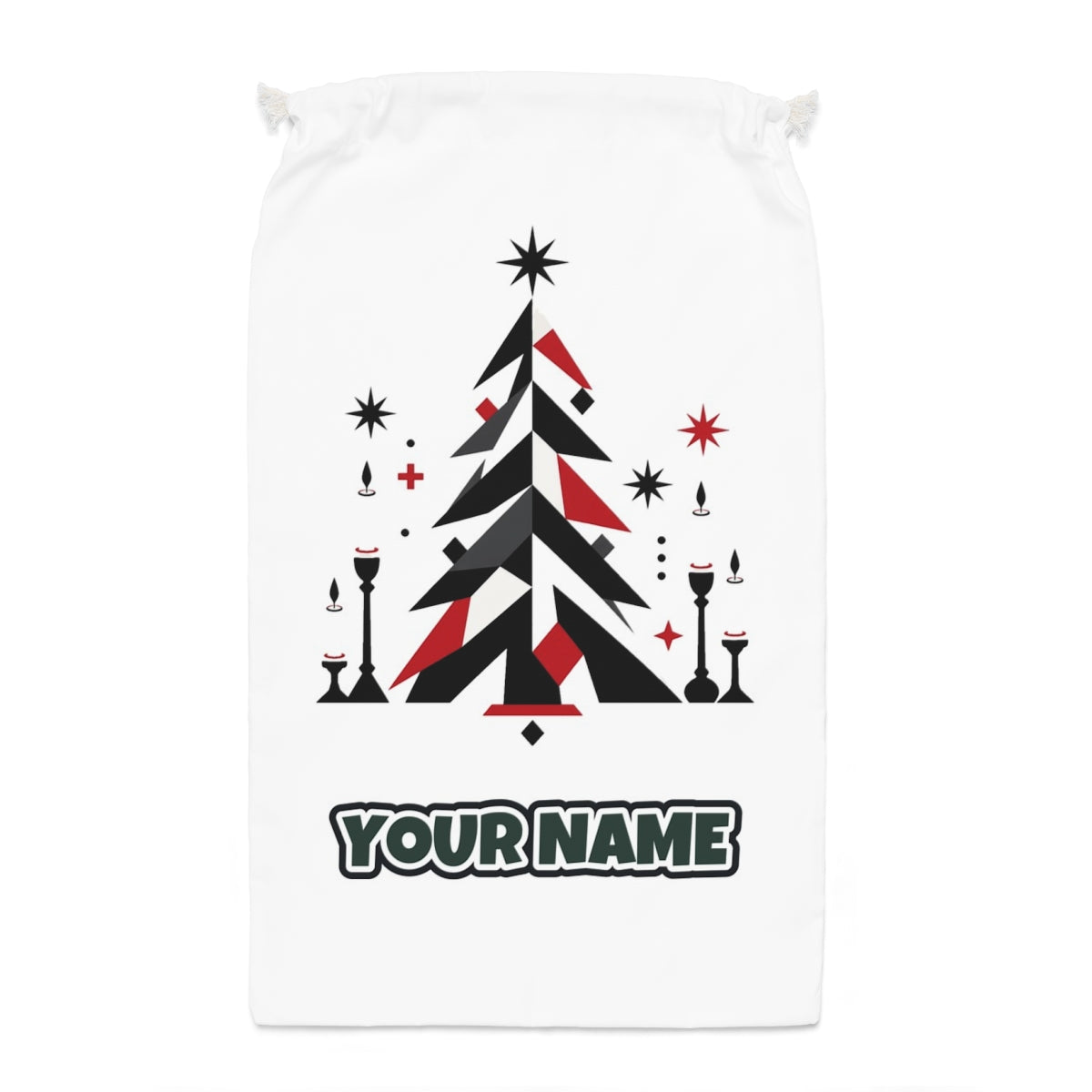 Minimalist Scandi Christmas Tree Santa sack laid flat, showing the full print