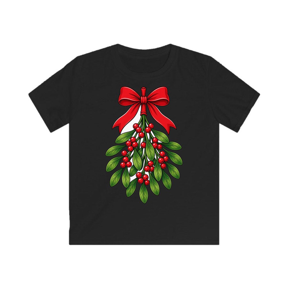 Mistletoe With Red Bow personalised kids Christmas tee in black
