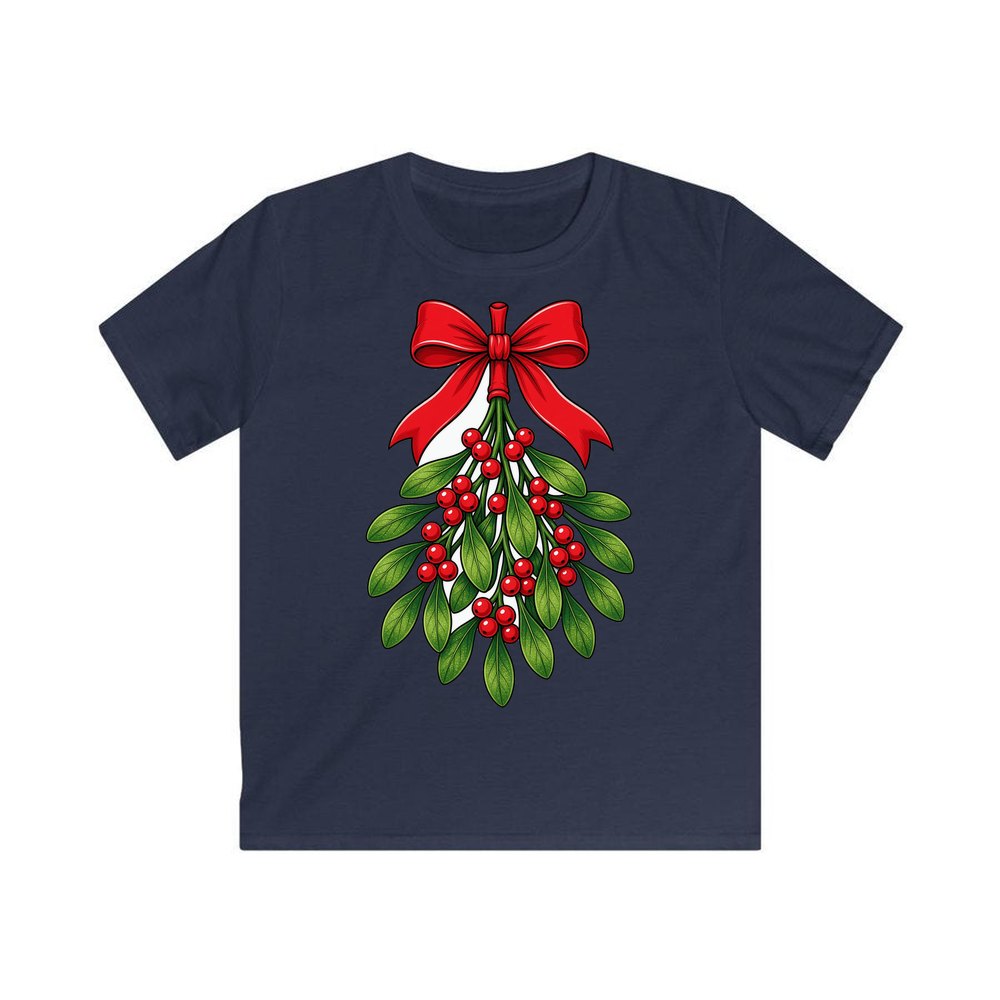 Mistletoe With Red Bow personalised kids Christmas tee in navy