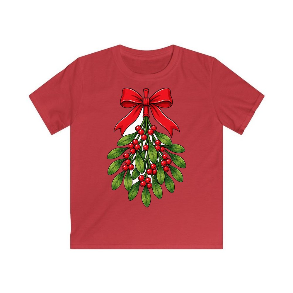 Mistletoe With Red Bow personalised kids Christmas tee in red