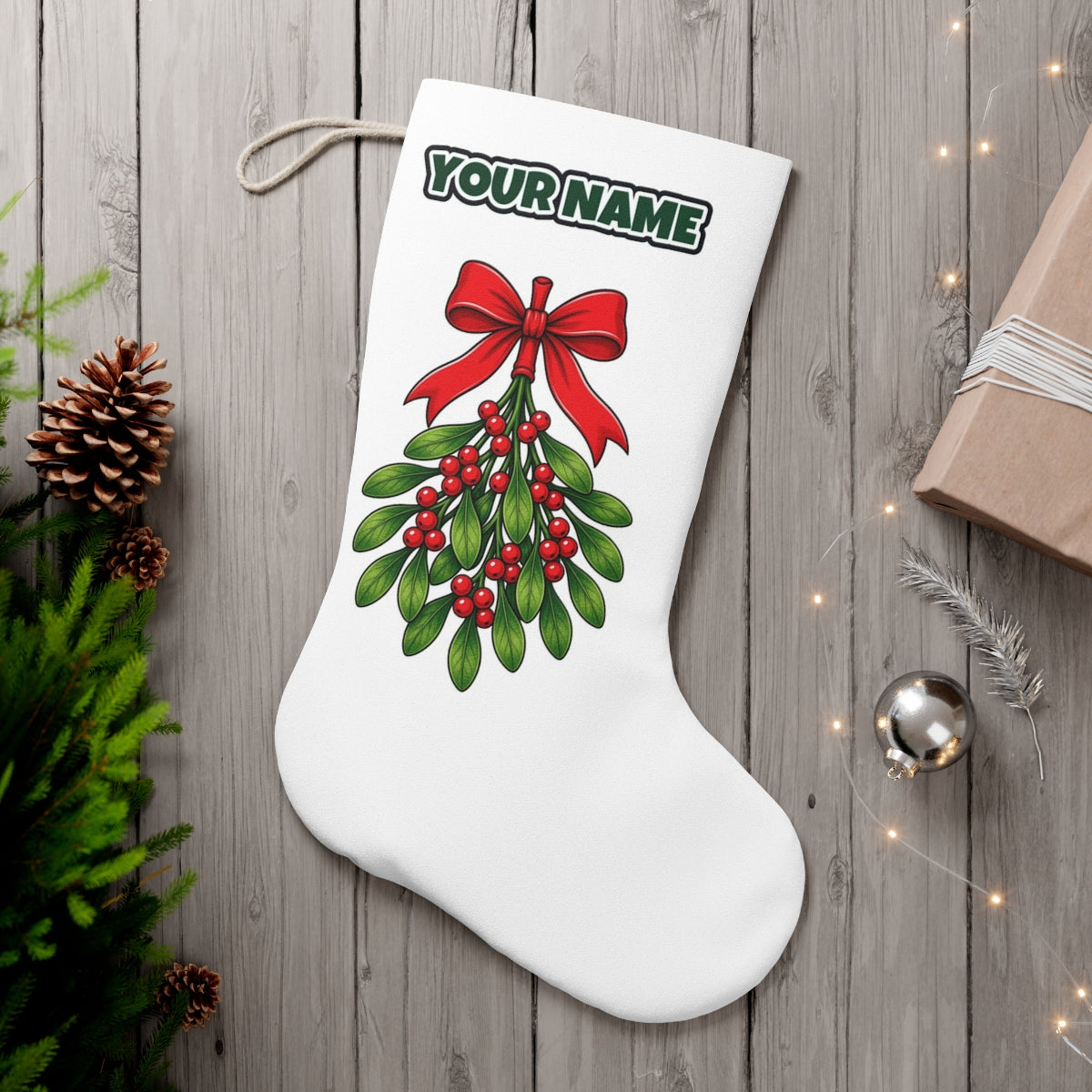 Mistletoe With Red Bow personalised Christmas stocking, white, with the name across the top