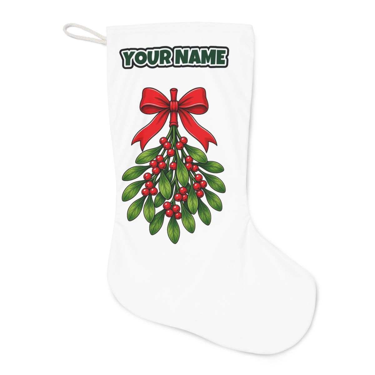 Mistletoe With Red Bow Christmas stocking laid flat, showing the full print