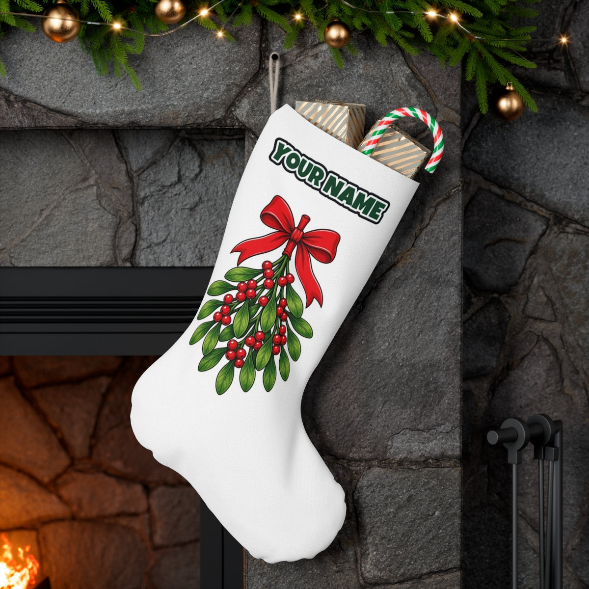 Mistletoe With Red Bow personalised Christmas stocking hanging on a mantel