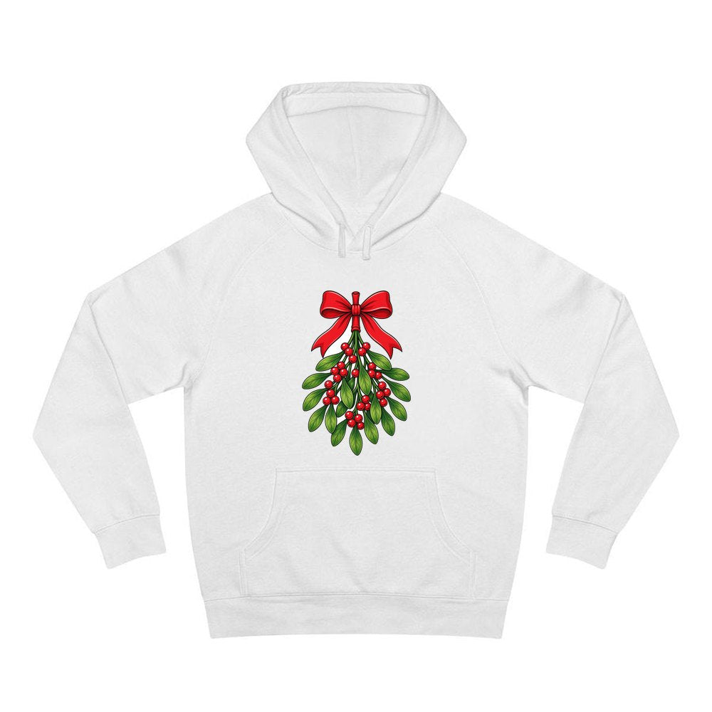 Mistletoe With Red Bow personalised Christmas hoodie in white