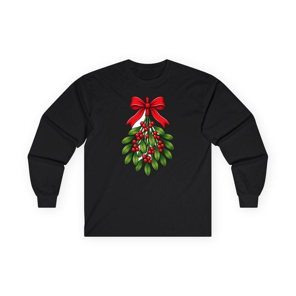 Mistletoe With Red Bow personalised long sleeve Christmas T-shirt in black
