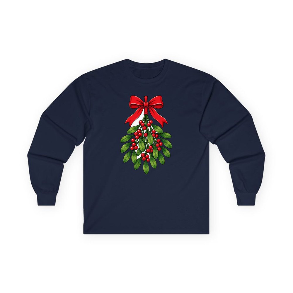 Mistletoe With Red Bow personalised long sleeve Christmas T-shirt in navy