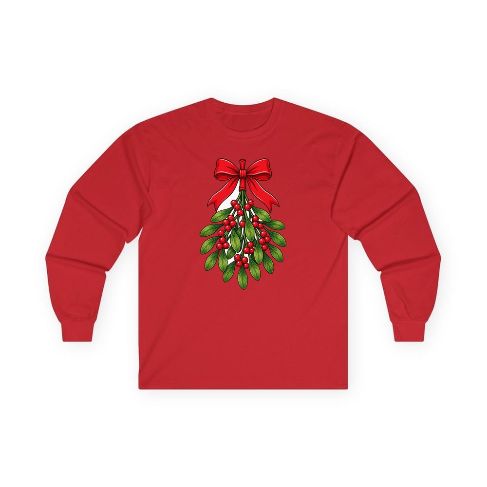 Mistletoe With Red Bow personalised long sleeve Christmas T-shirt in red