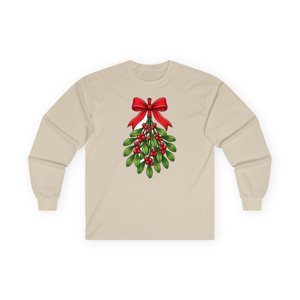 Mistletoe With Red Bow personalised long sleeve Christmas T-shirt in sand