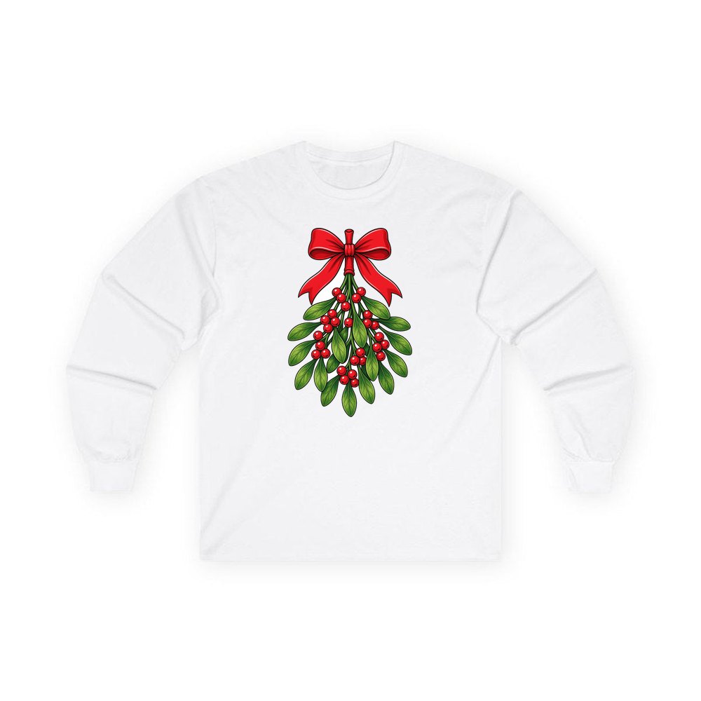 Mistletoe With Red Bow personalised long sleeve Christmas T-shirt in white