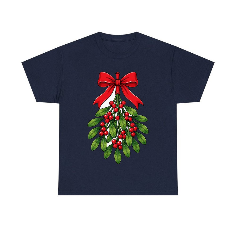 Mistletoe With Red Bow personalised Christmas T-shirt in navy