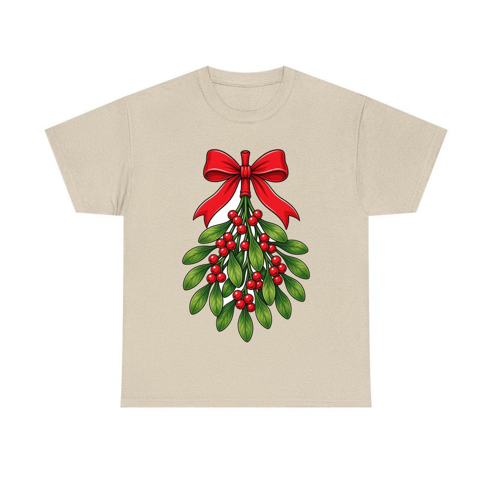 Mistletoe With Red Bow personalised Christmas T-shirt in sand