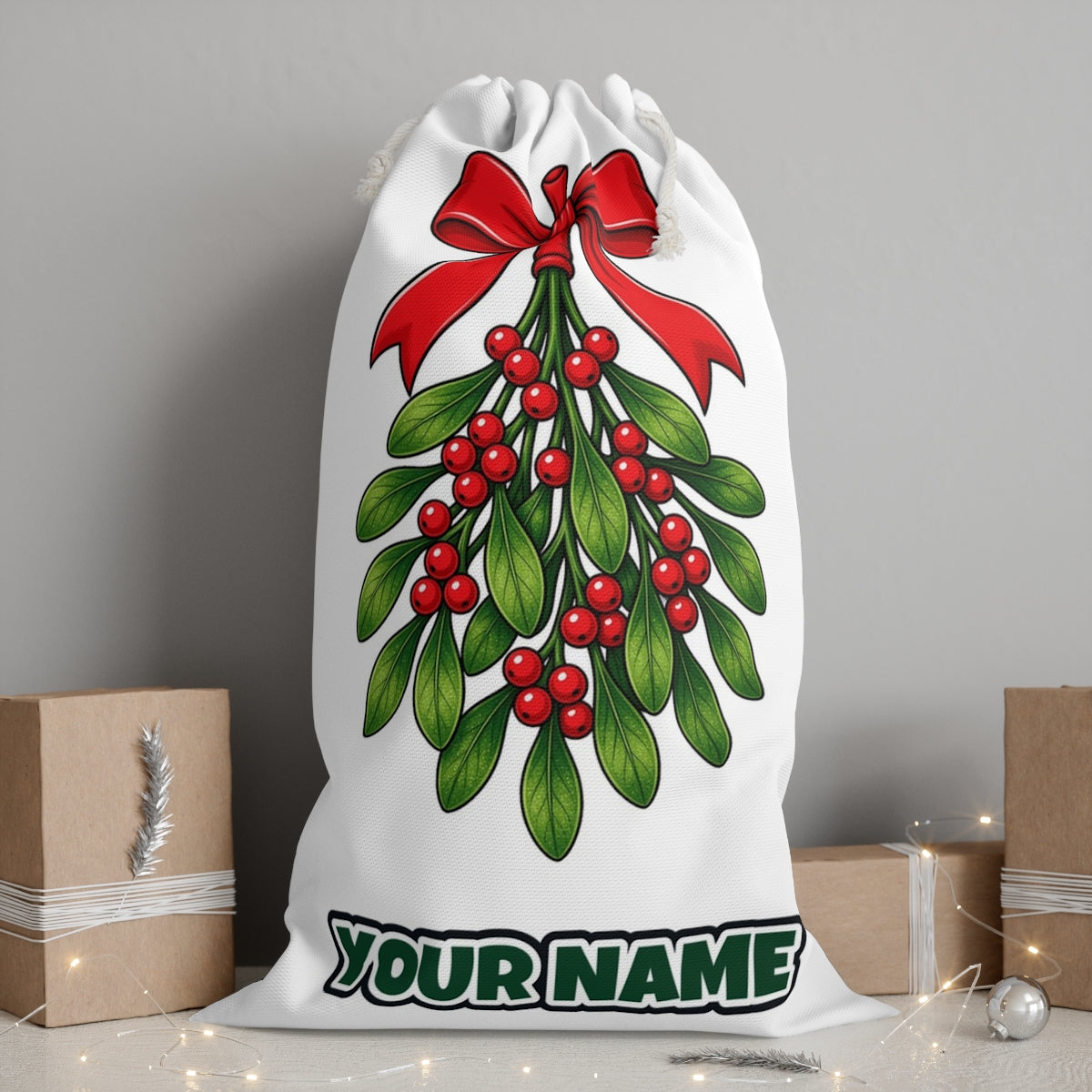 Mistletoe With Red Bow personalised Santa sack, white, with the name printed under the artwork