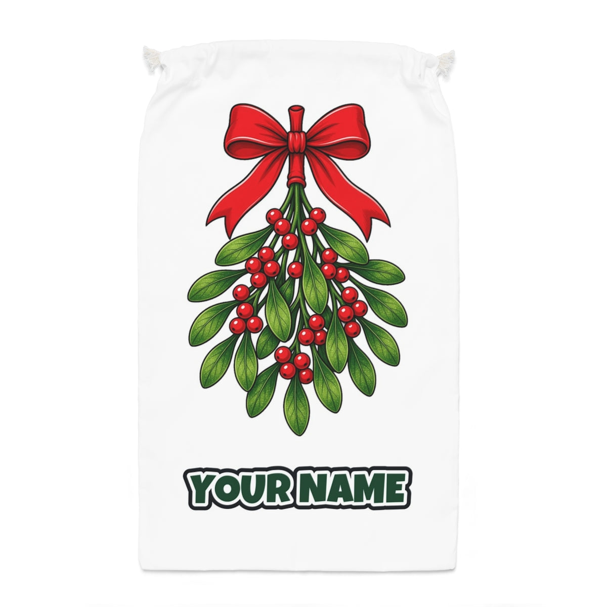 Mistletoe With Red Bow Santa sack laid flat, showing the full print