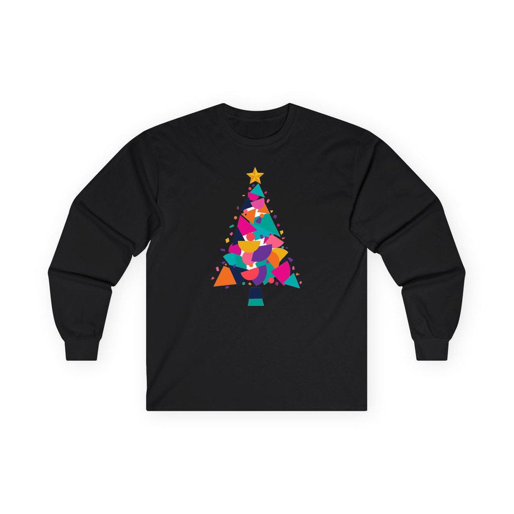 Modern Geometric Christmas Tree personalised long sleeve Christmas T-shirt in black