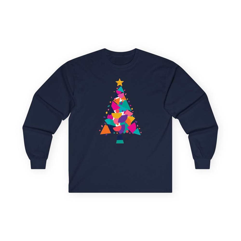 Modern Geometric Christmas Tree personalised long sleeve Christmas T-shirt in navy