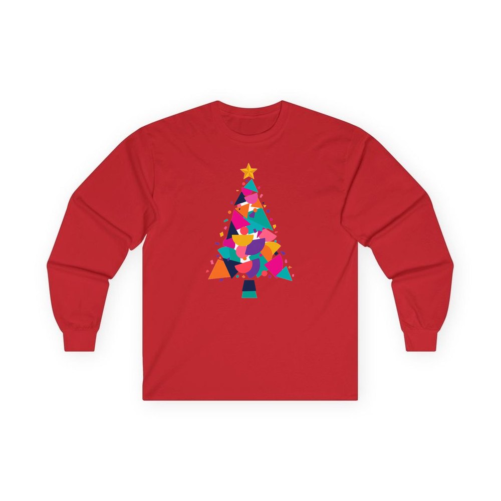 Modern Geometric Christmas Tree personalised long sleeve Christmas T-shirt in red