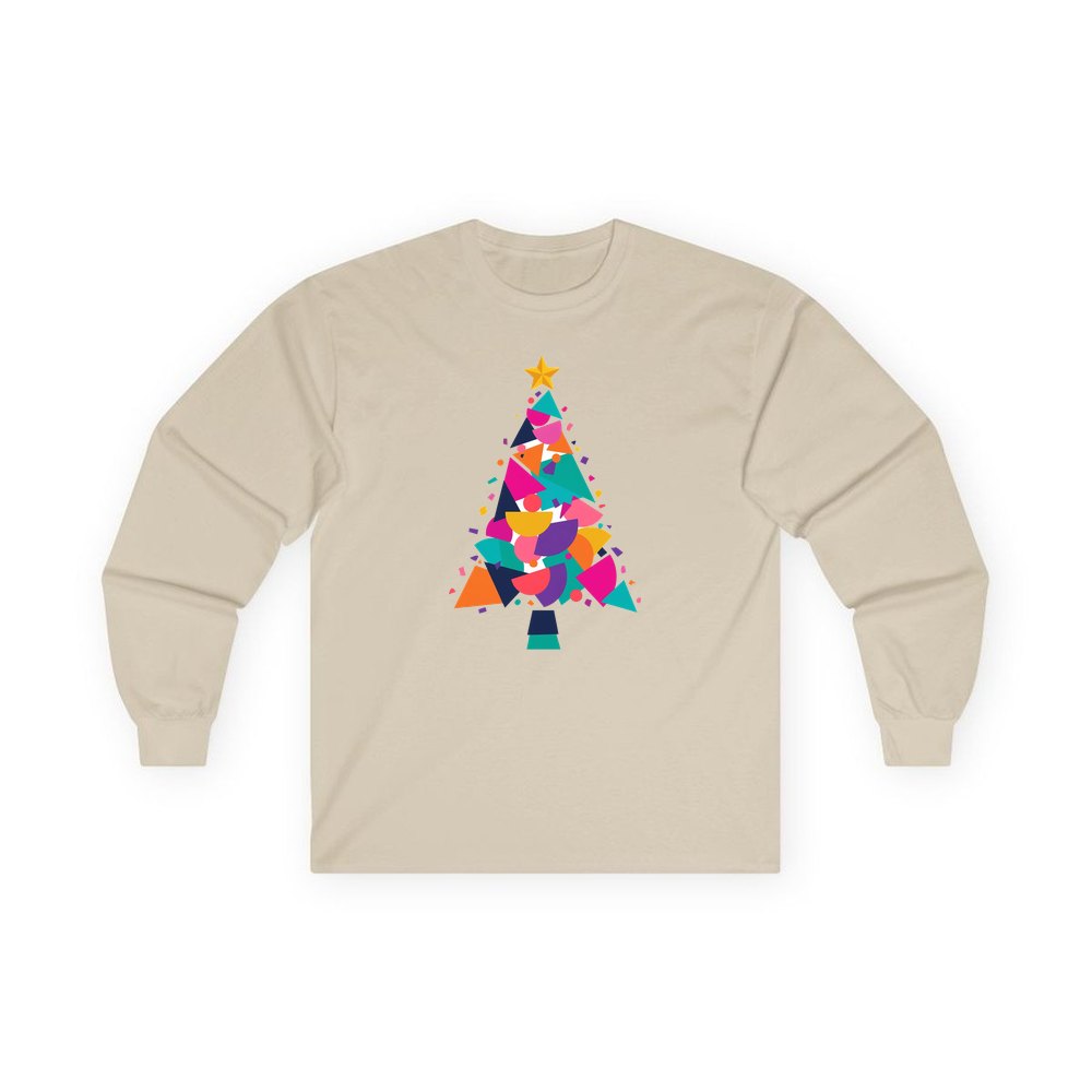 Modern Geometric Christmas Tree personalised long sleeve Christmas T-shirt in sand