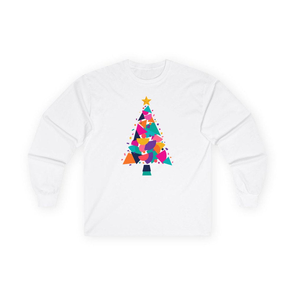 Modern Geometric Christmas Tree personalised long sleeve Christmas T-shirt in white