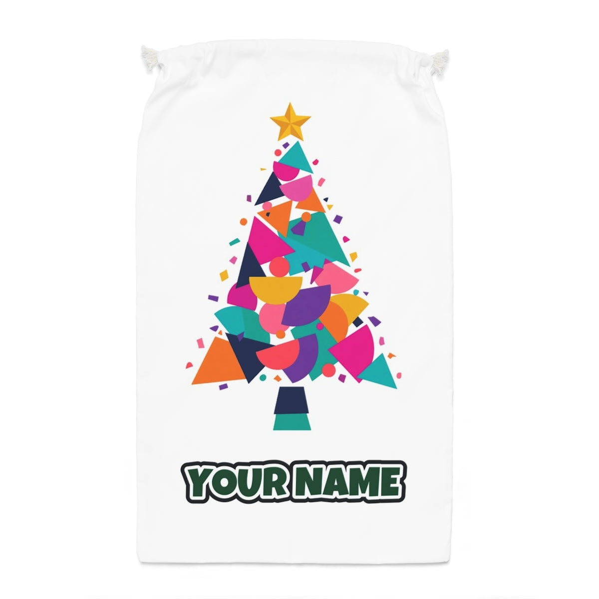 Modern Geometric Christmas Tree Santa sack laid flat, showing the full print
