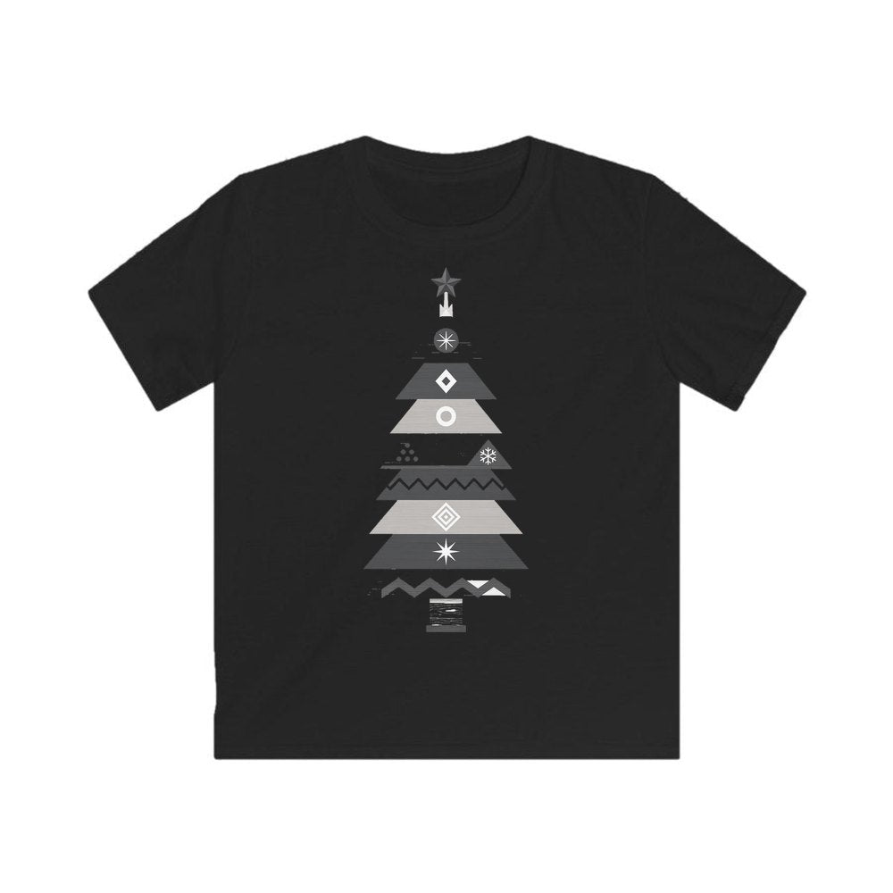 Monochrome Scandi Tree personalised kids Christmas tee in black
