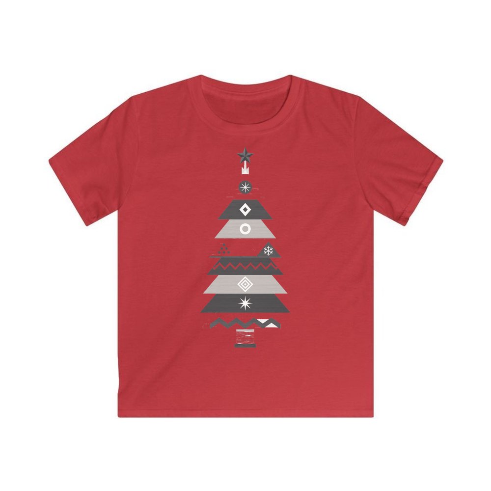 Monochrome Scandi Tree personalised kids Christmas tee in red