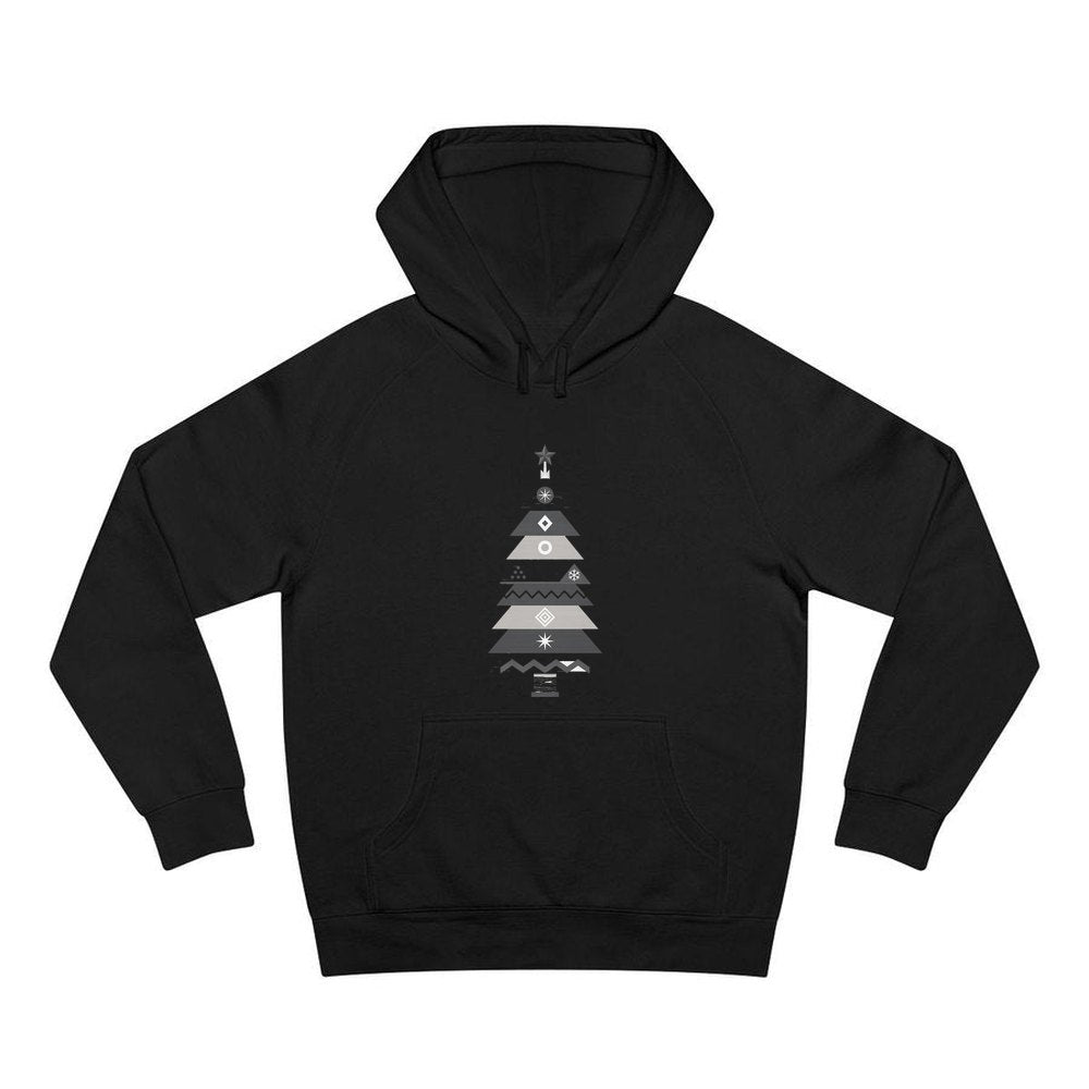 Monochrome Scandi Tree personalised Christmas hoodie in black