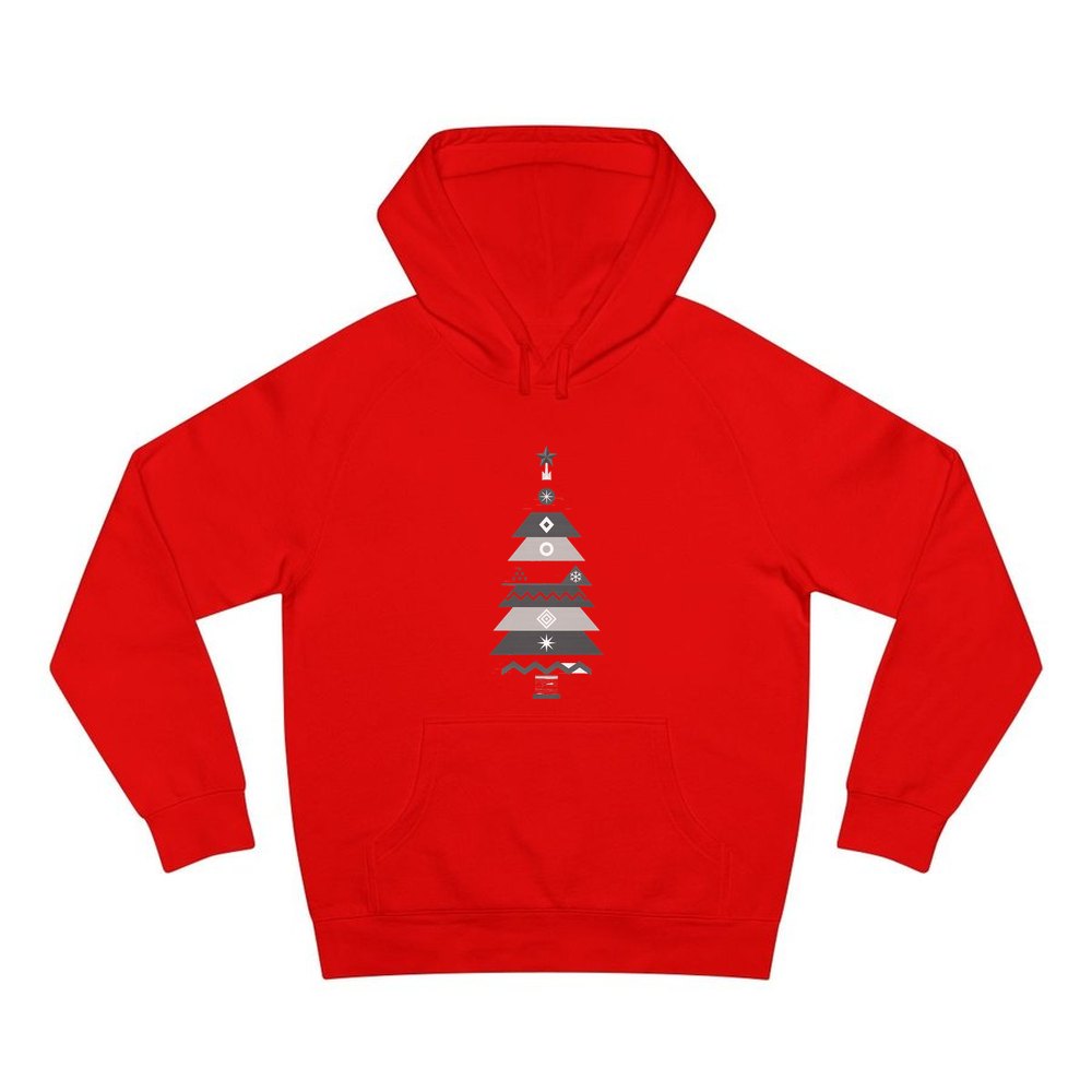 Monochrome Scandi Tree personalised Christmas hoodie in red