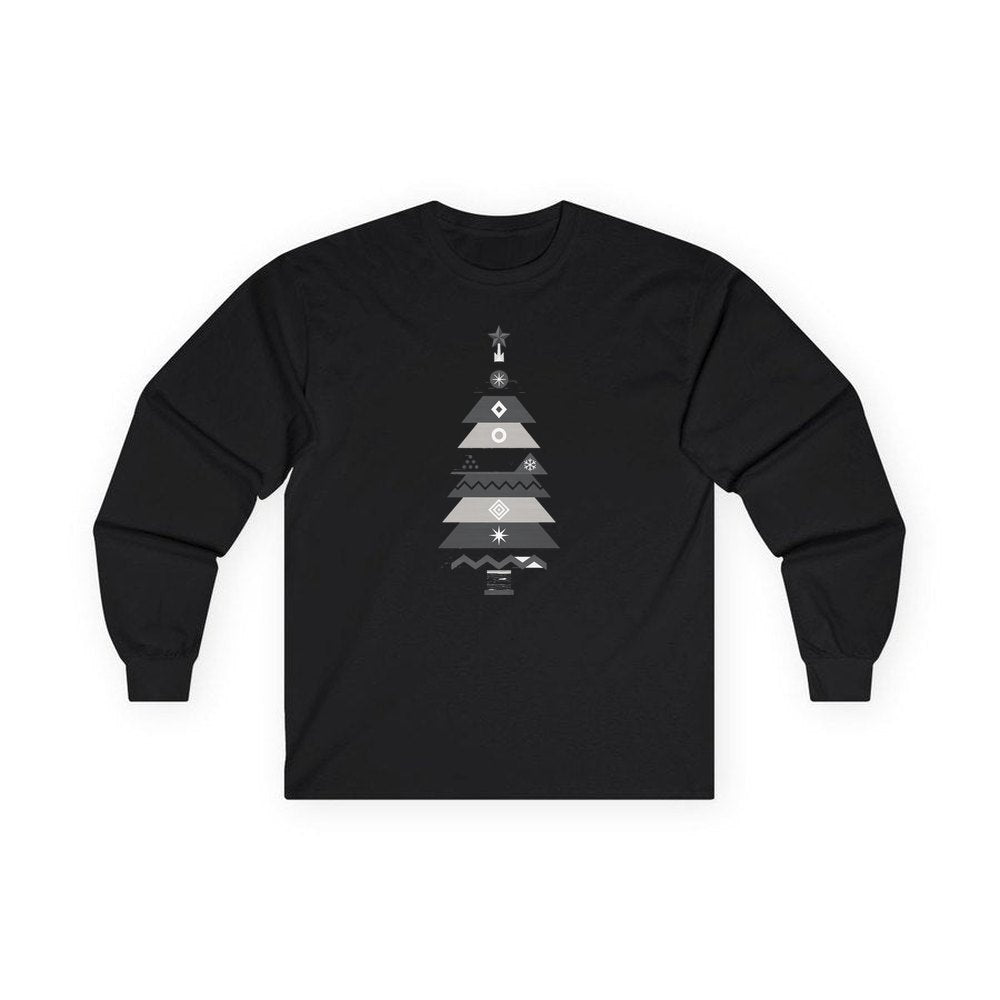 Monochrome Scandi Tree personalised long sleeve Christmas T-shirt in black
