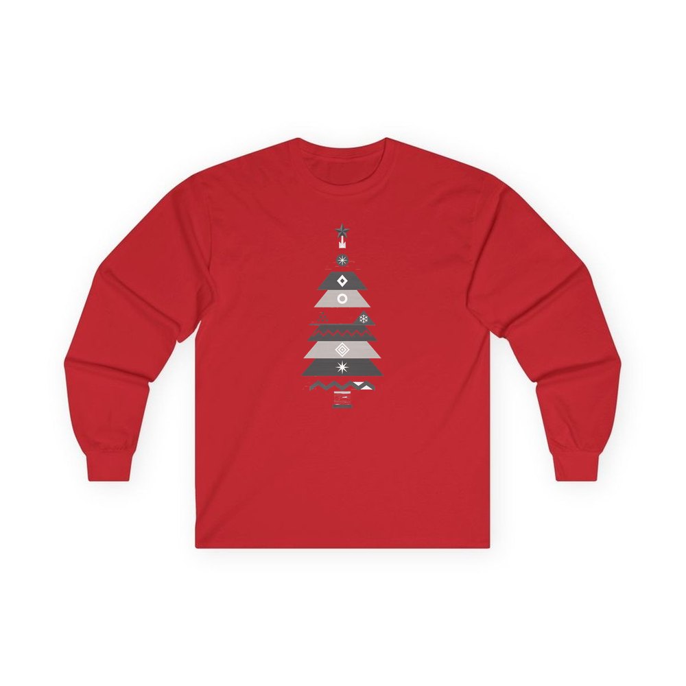 Monochrome Scandi Tree personalised long sleeve Christmas T-shirt in red