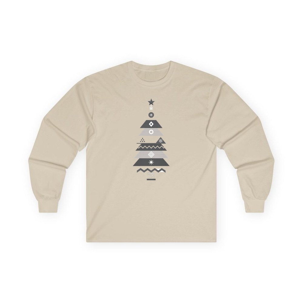 Monochrome Scandi Tree personalised long sleeve Christmas T-shirt in sand