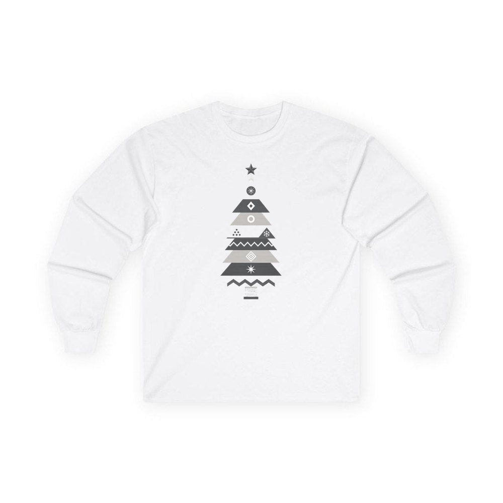 Monochrome Scandi Tree personalised long sleeve Christmas T-shirt in white