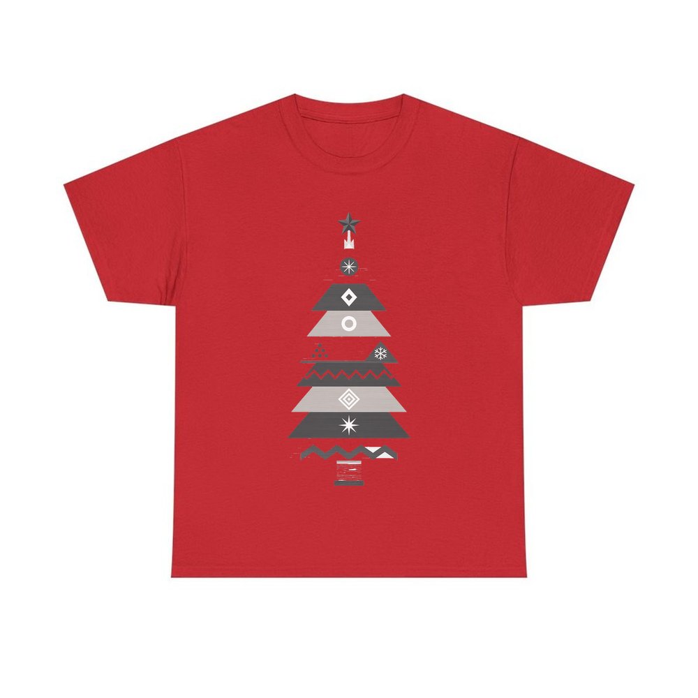 Monochrome Scandi Tree personalised Christmas T-shirt in red