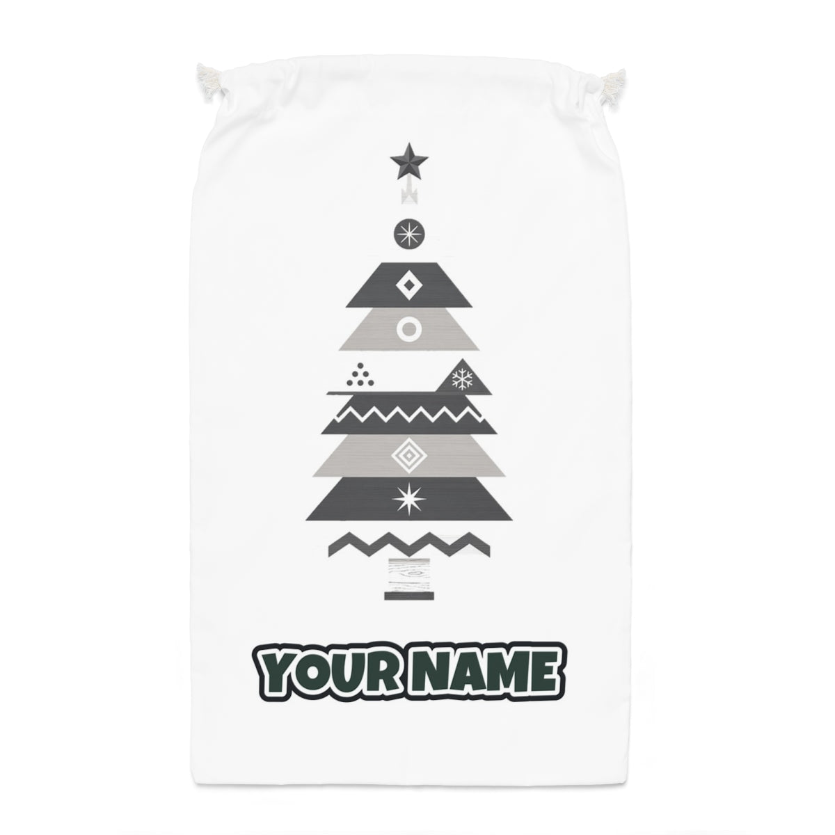 Monochrome Scandi Tree Santa sack laid flat, showing the full print