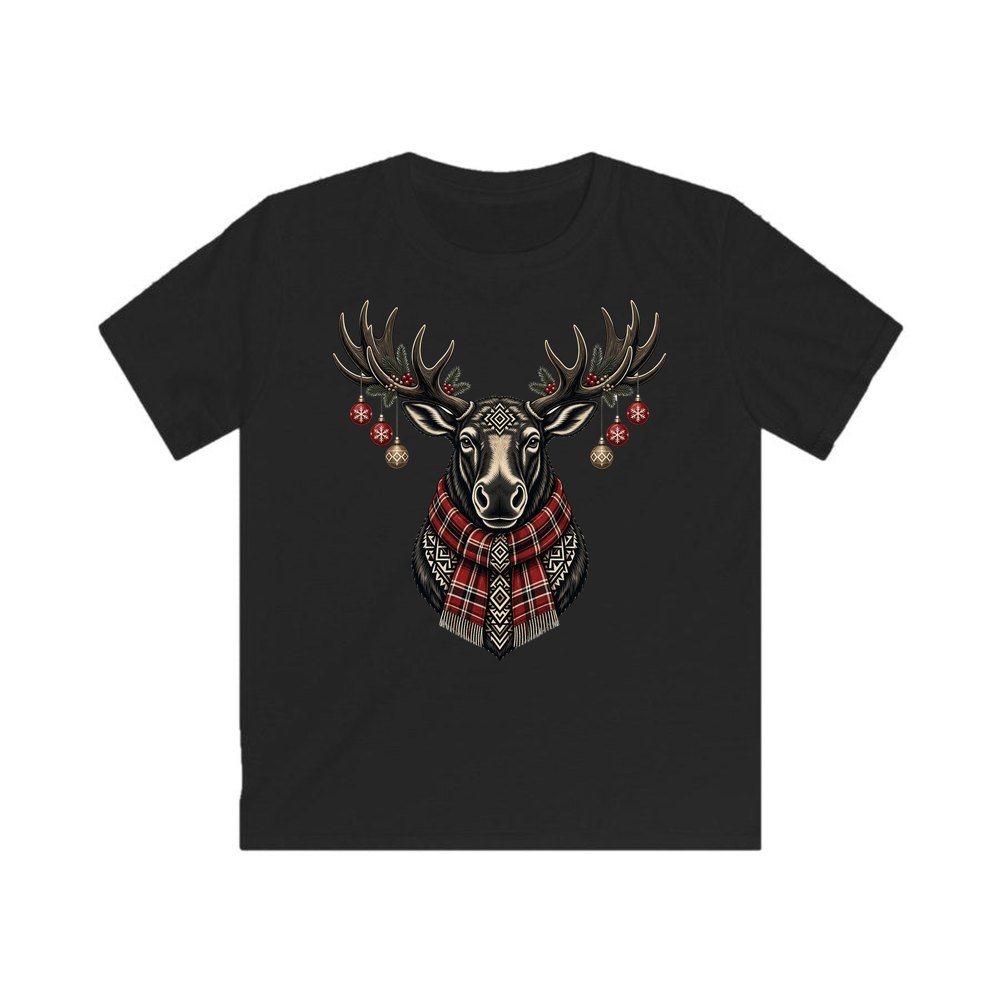 Moose In Tartan Scarf personalised kids Christmas tee in black