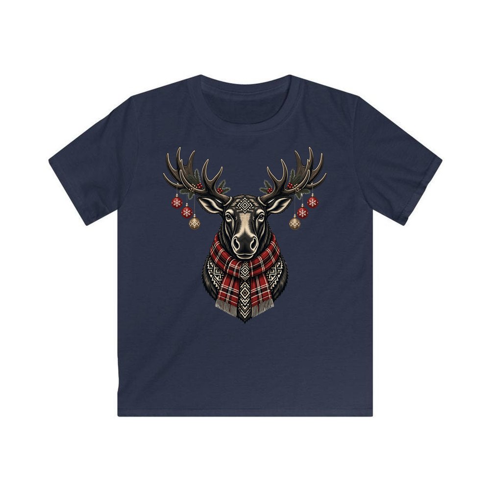 Moose In Tartan Scarf personalised kids Christmas tee in navy