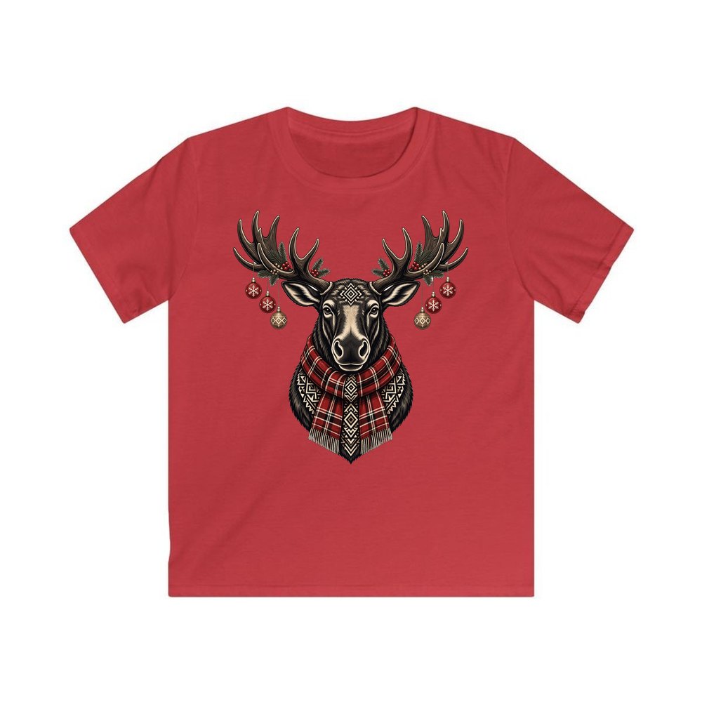 Moose In Tartan Scarf personalised kids Christmas tee in red