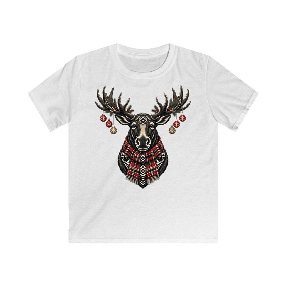 Moose In Tartan Scarf personalised kids Christmas tee in white