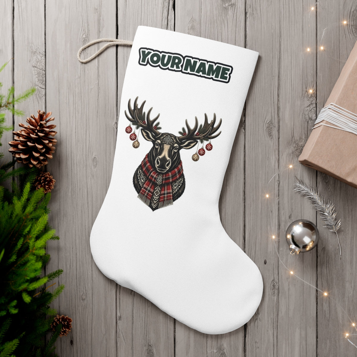 Moose In Tartan Scarf personalised Christmas stocking, white, with the name across the top