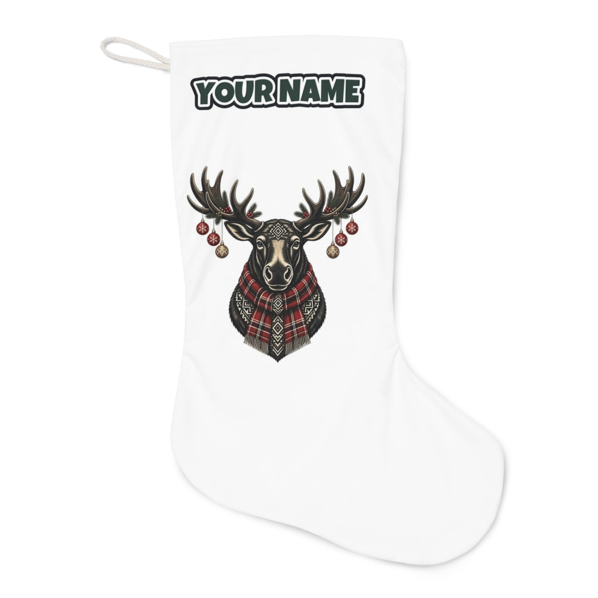 Moose In Tartan Scarf Christmas stocking laid flat, showing the full print