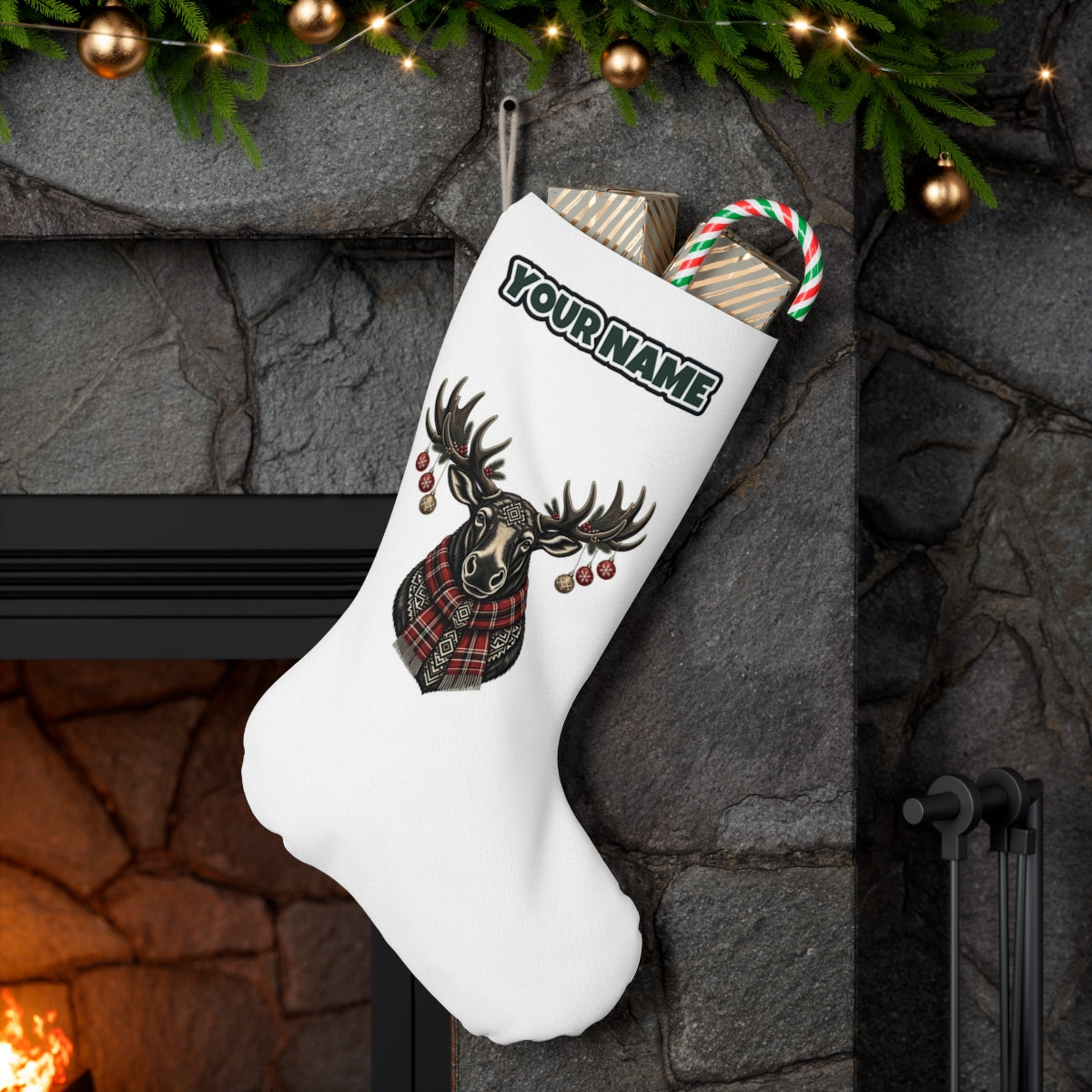 Moose In Tartan Scarf personalised Christmas stocking hanging on a mantel