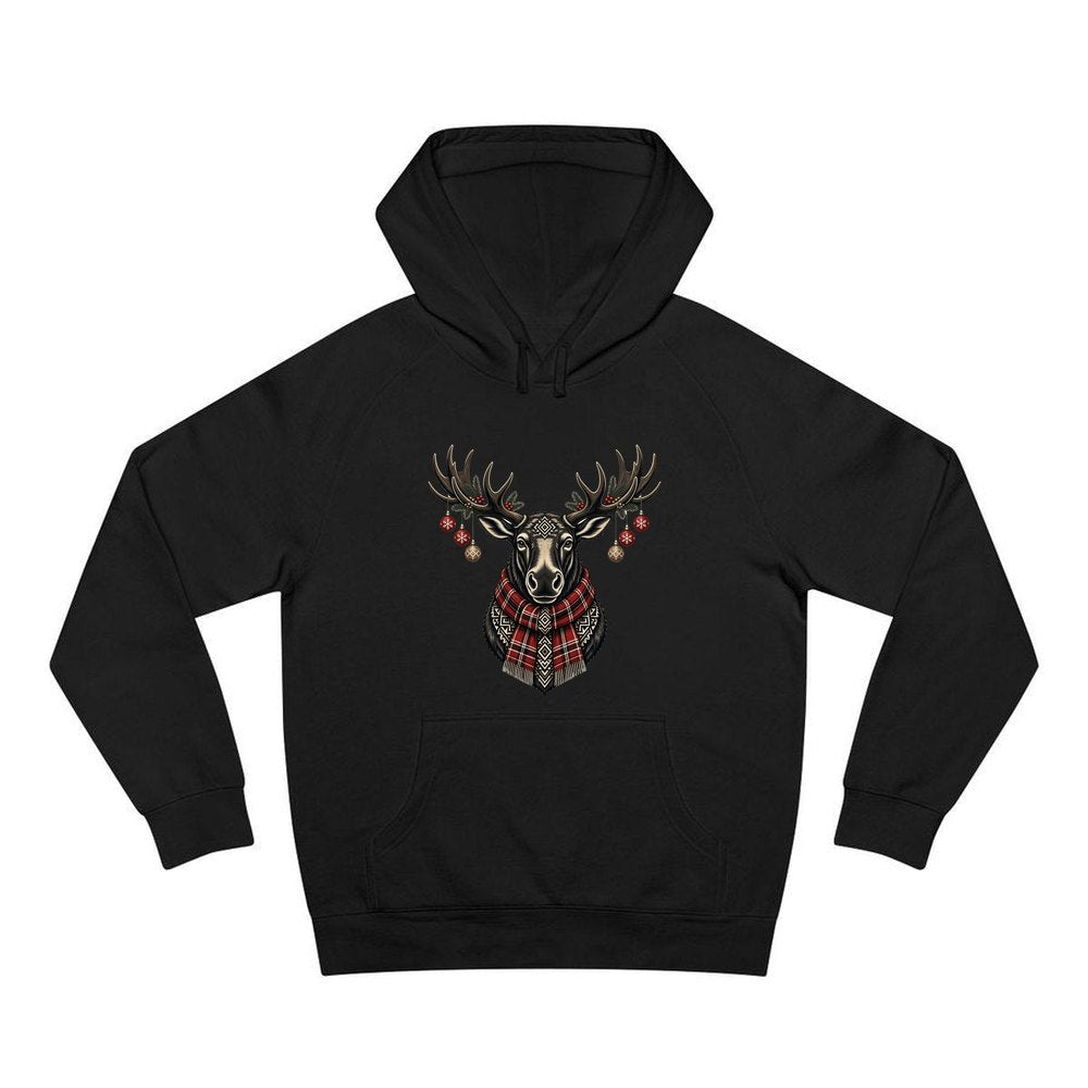 Moose In Tartan Scarf personalised Christmas hoodie in black