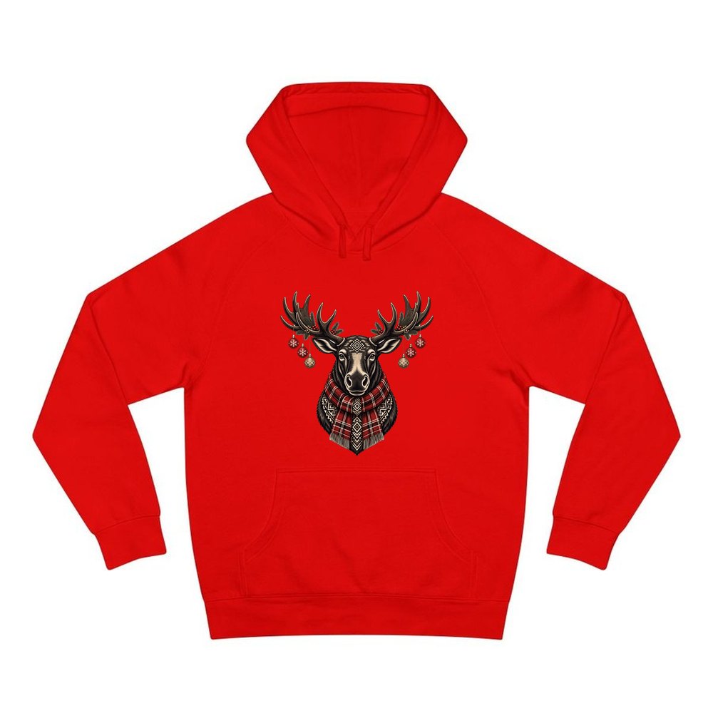 Moose In Tartan Scarf personalised Christmas hoodie in red