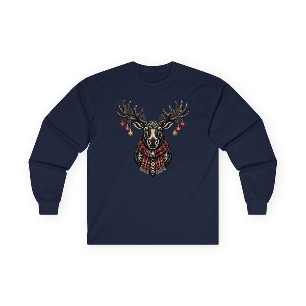 Moose In Tartan Scarf personalised long sleeve Christmas T-shirt in navy