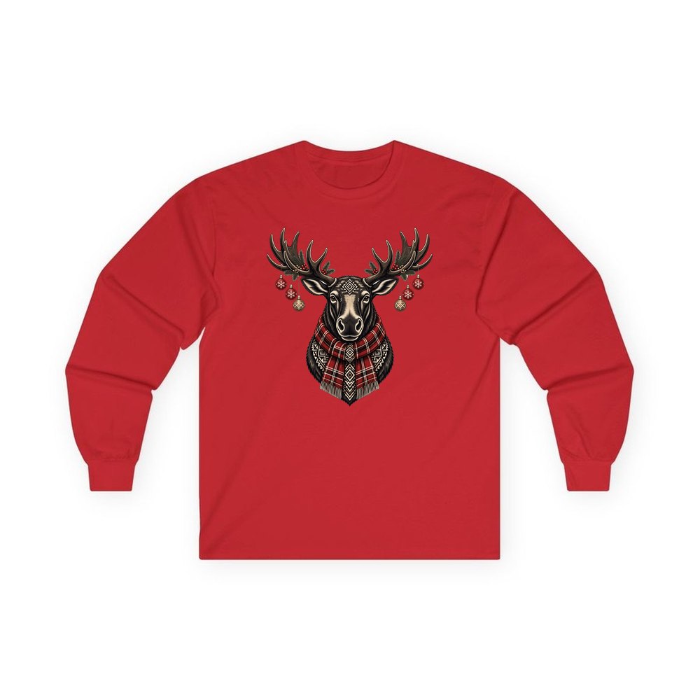 Moose In Tartan Scarf personalised long sleeve Christmas T-shirt in red