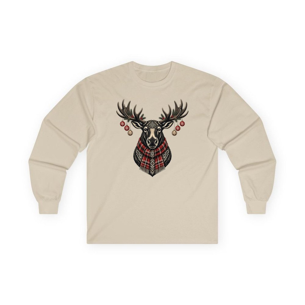 Moose In Tartan Scarf personalised long sleeve Christmas T-shirt in sand