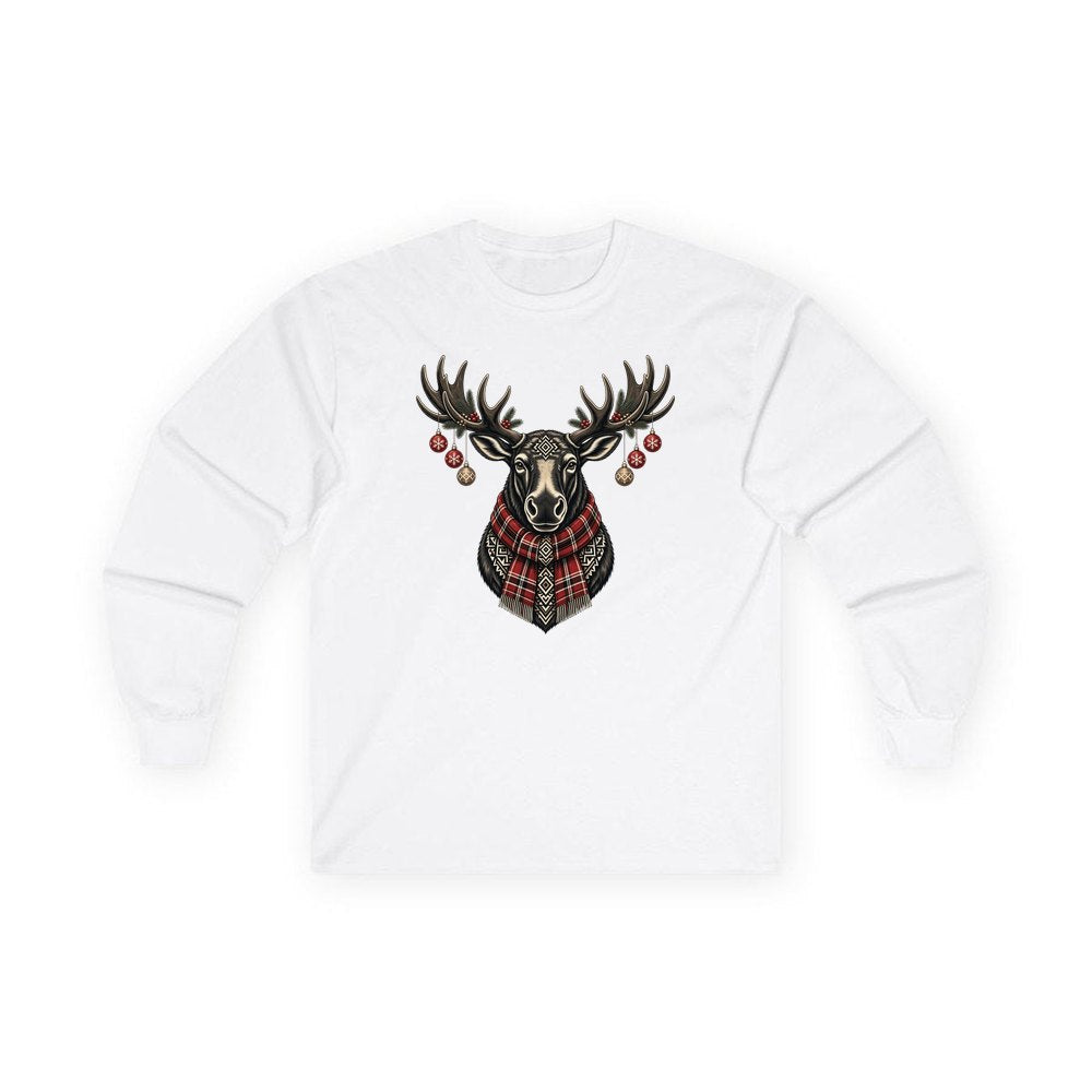 Moose In Tartan Scarf personalised long sleeve Christmas T-shirt in white