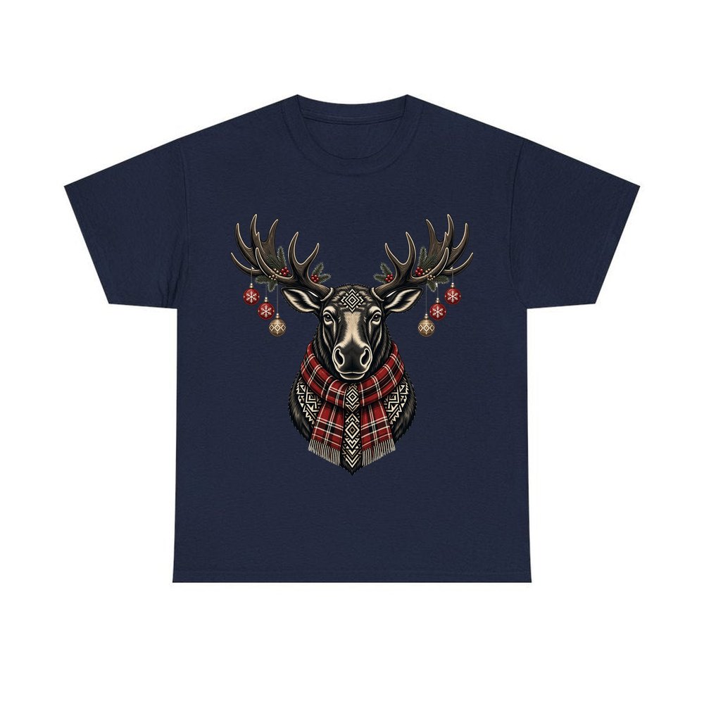 Moose In Tartan Scarf personalised Christmas T-shirt in navy